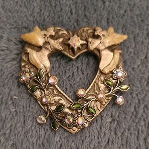 Heart-Shaped "Kerissa" Silvertone, Enamel Angel, AB Rhinestone and Floral Brooch